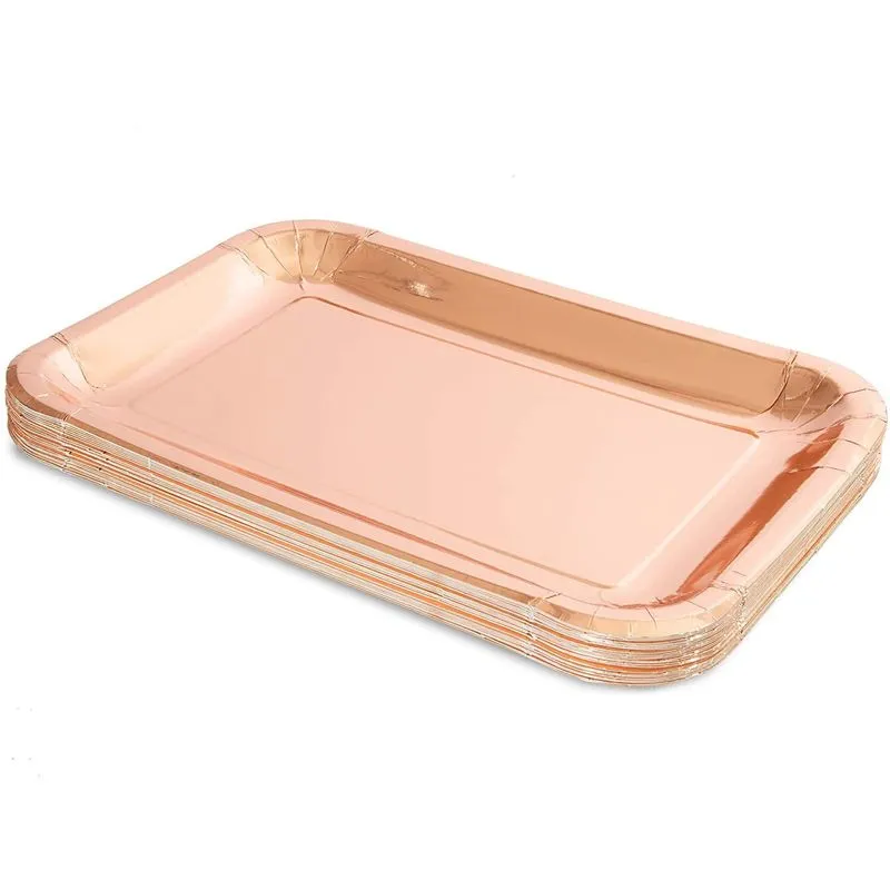 Sparkle and Bash Rose Gold Foil Paper Serving Trays for Parties (9 x 13 in, 24 Pack)