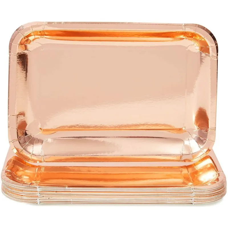 Sparkle and Bash Rose Gold Foil Paper Serving Trays for Parties (9 x 13 in, 24 Pack)