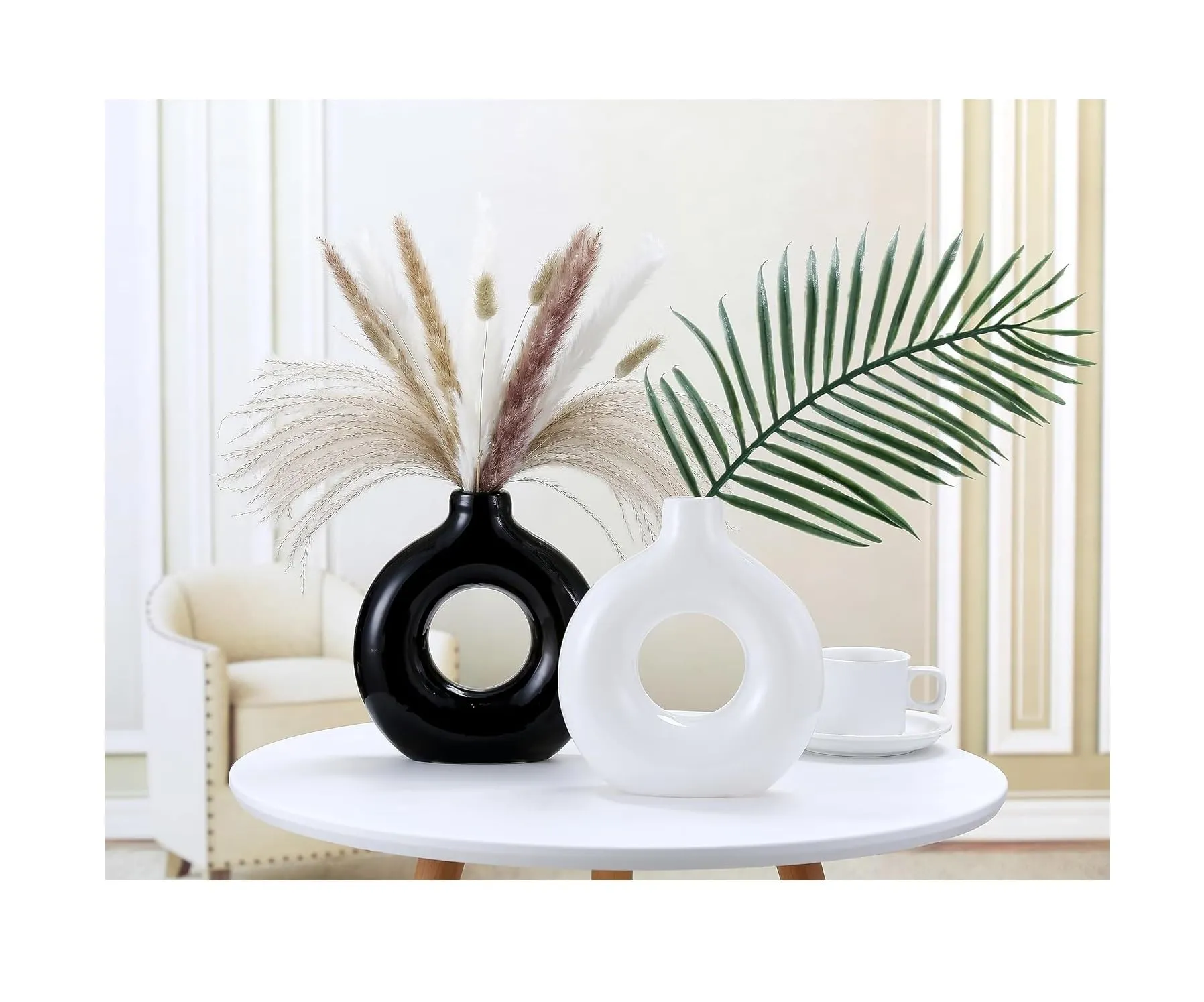 SPHINX Ceramic Donut Vase, Flower Vase Pampas Grass Vase, Vase Home Decor Centrepiece Decor for Home, Office, or Gifts-Vase Only - (1 White   1 Black (6.5 Inches))