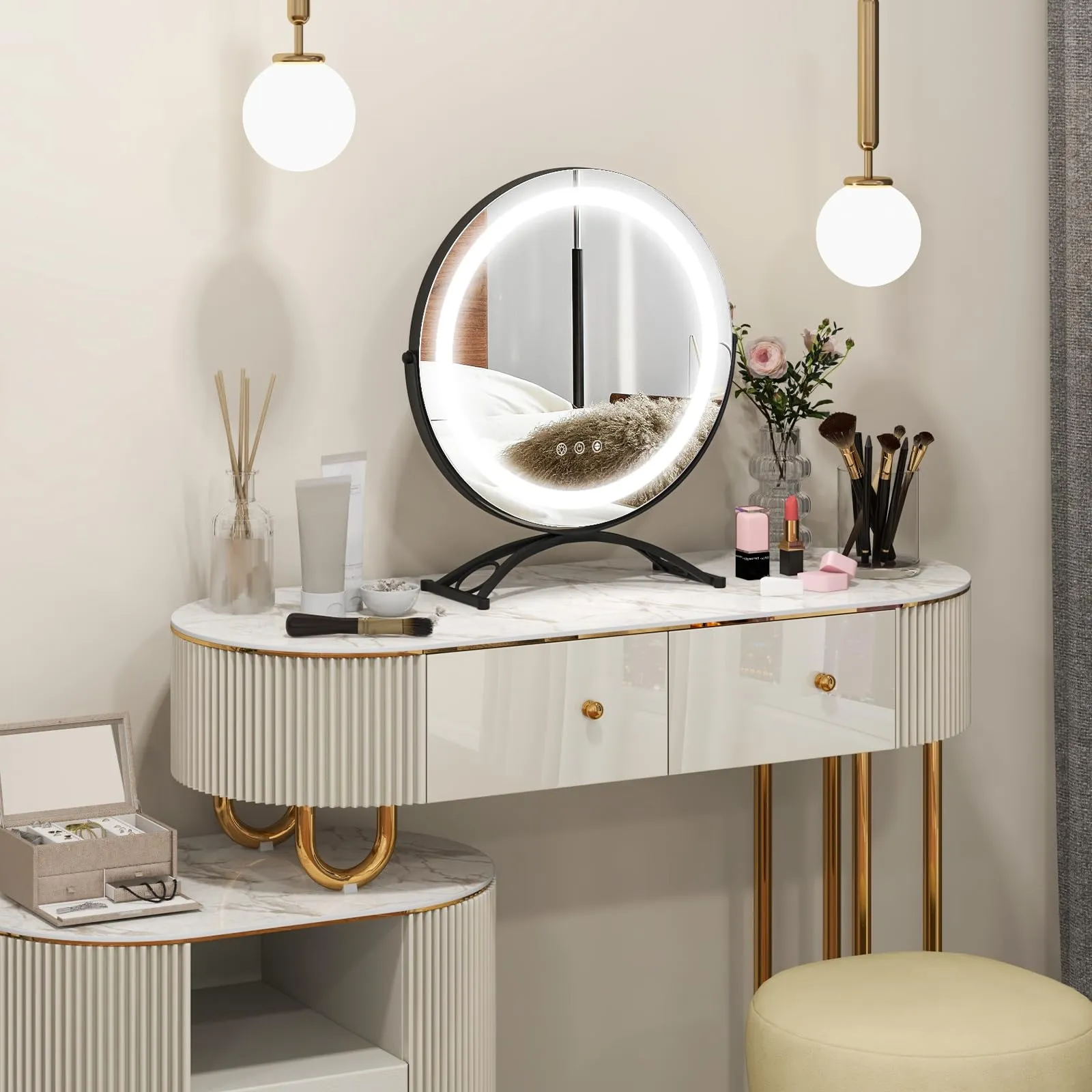 Tangkula 16" Vanity Mirror with Lights, 3 Color Dimmable LED Lighted Makeup Mirror with Touch Screen