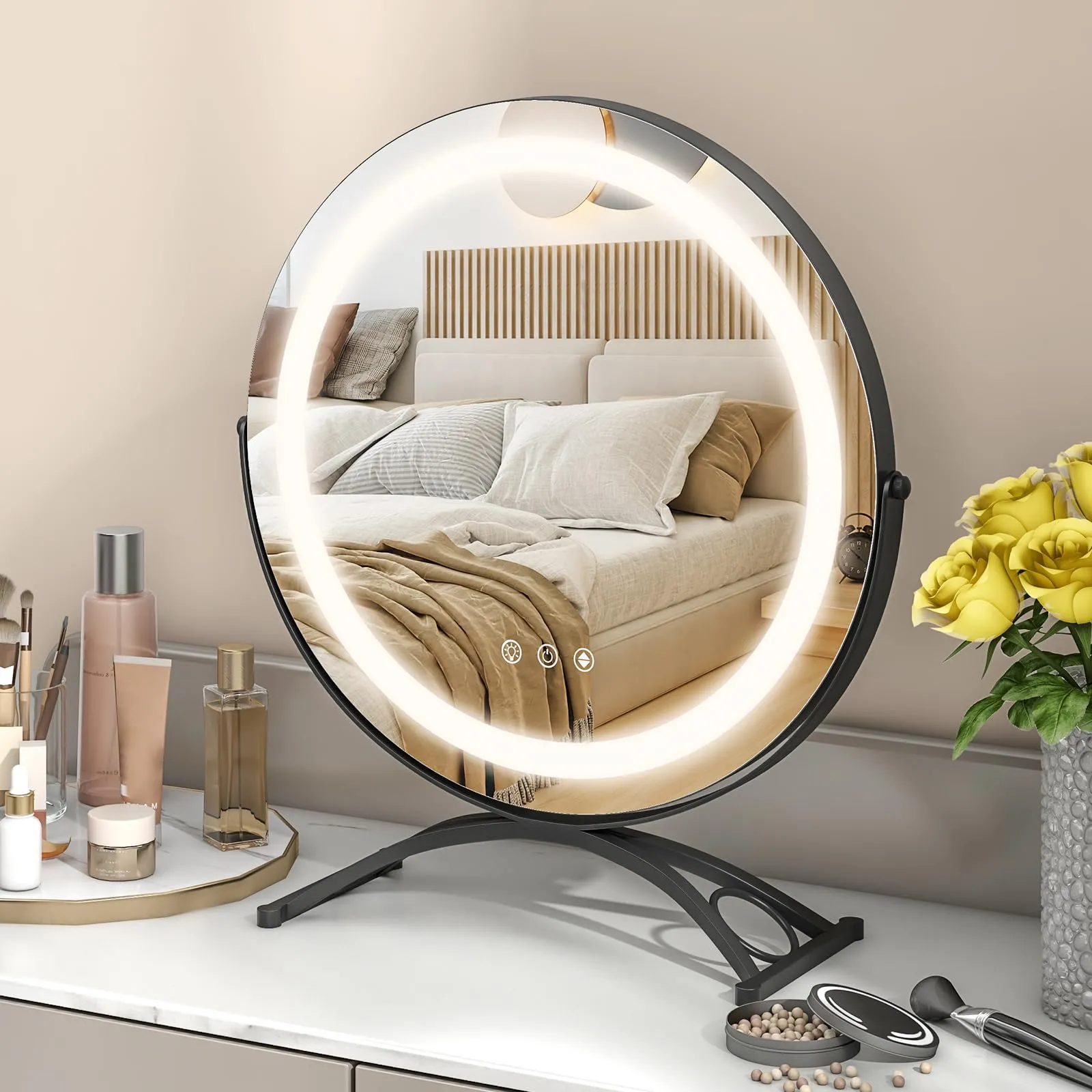 Tangkula 16" Vanity Mirror with Lights, 3 Color Dimmable LED Lighted Makeup Mirror with Touch Screen