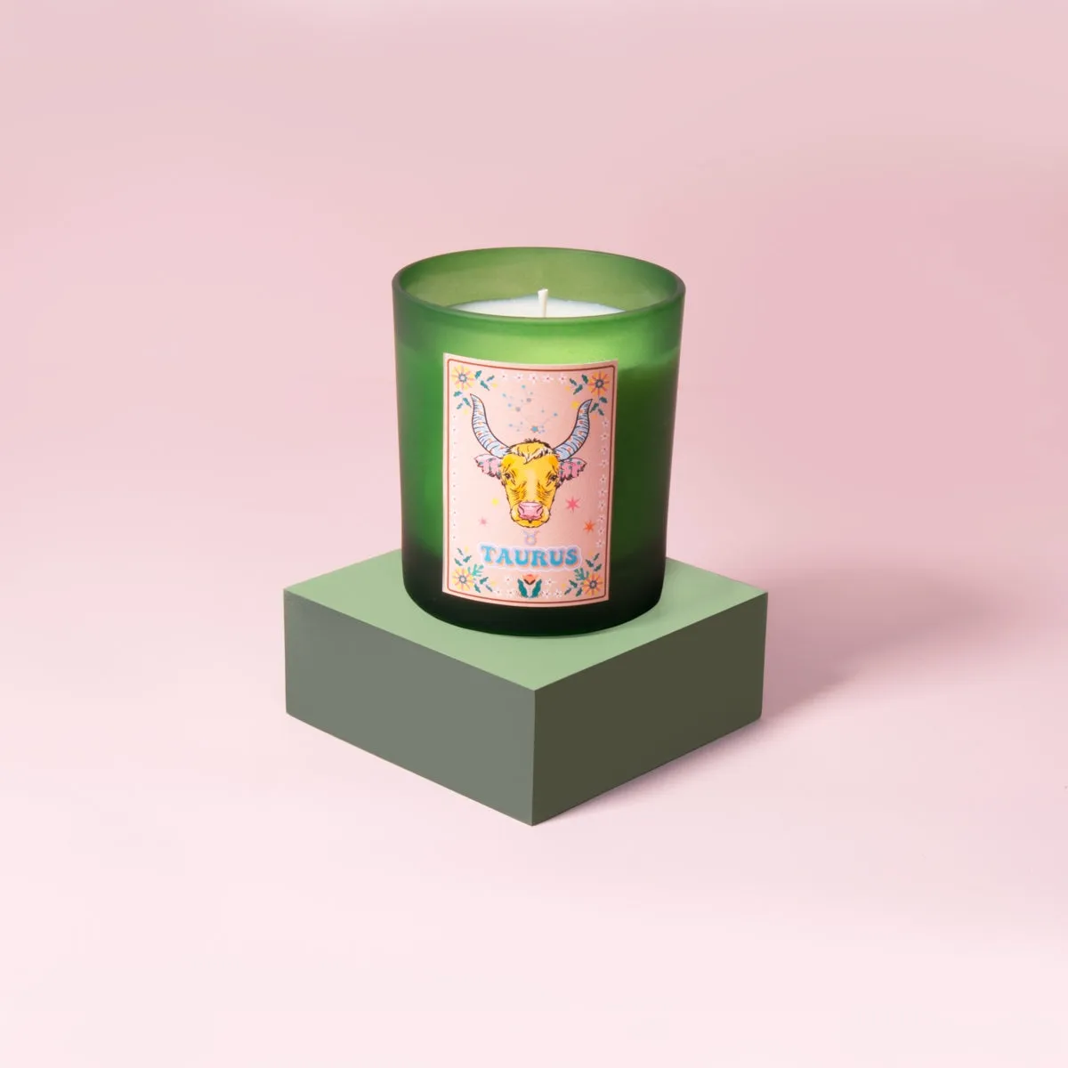 Taurus Zodiac Illustration Frosted Green Scented Candle