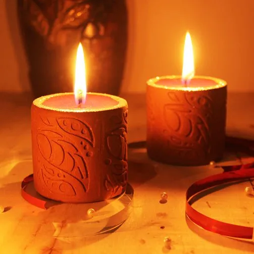 Terracotta Designer Cylinder Perfumed Candle / Reusable Candle Holder - Set of 4