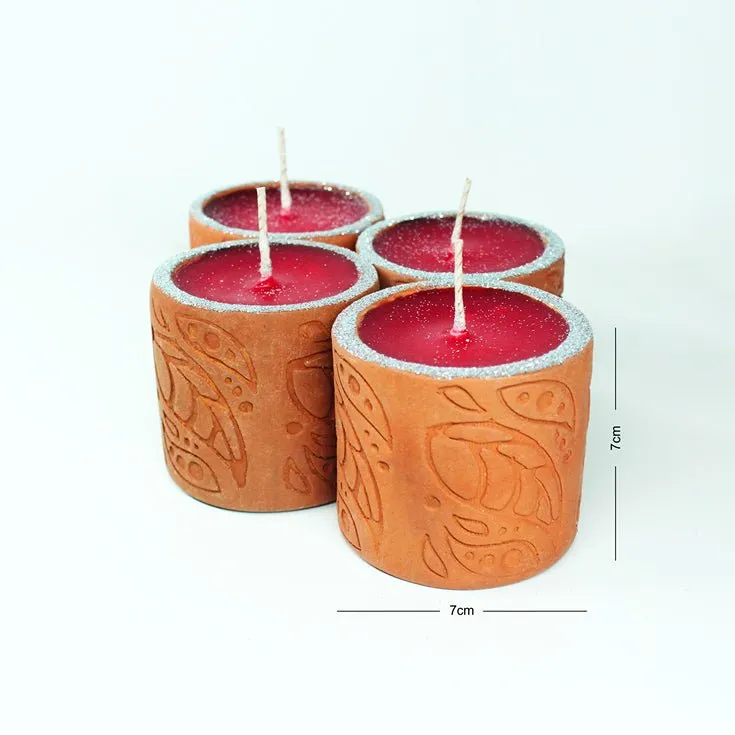 Terracotta Designer Cylinder Perfumed Candle / Reusable Candle Holder - Set of 4