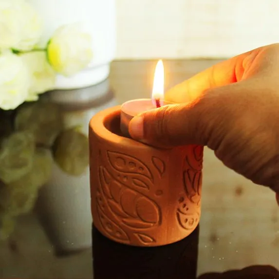 Terracotta Designer Cylinder Perfumed Candle / Reusable Candle Holder - Set of 4