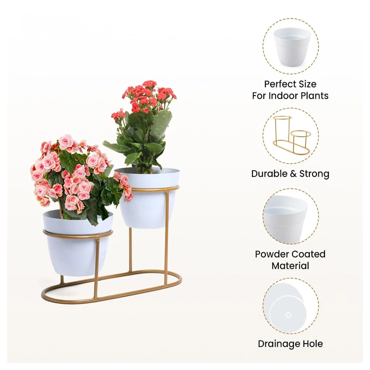 Urbane Home Planter | Desktop Flower Planter | Home Décor Flowers Pot | Balcony Flower Pot | Flower Planter for Office Décor | Double Planter with Golden Stand | 1128-B | White