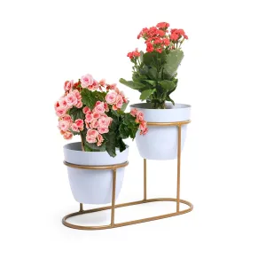 Urbane Home Planter | Desktop Flower Planter | Home Décor Flowers Pot | Balcony Flower Pot | Flower Planter for Office Décor | Double Planter with Golden Stand | 1128-B | White