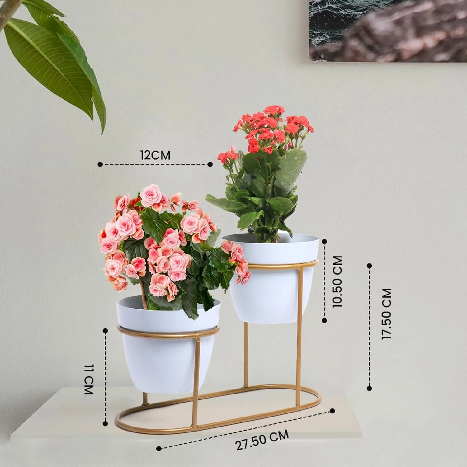 Urbane Home Planter | Desktop Flower Planter | Home Décor Flowers Pot | Balcony Flower Pot | Flower Planter for Office Décor | Double Planter with Golden Stand | 1128-B | White