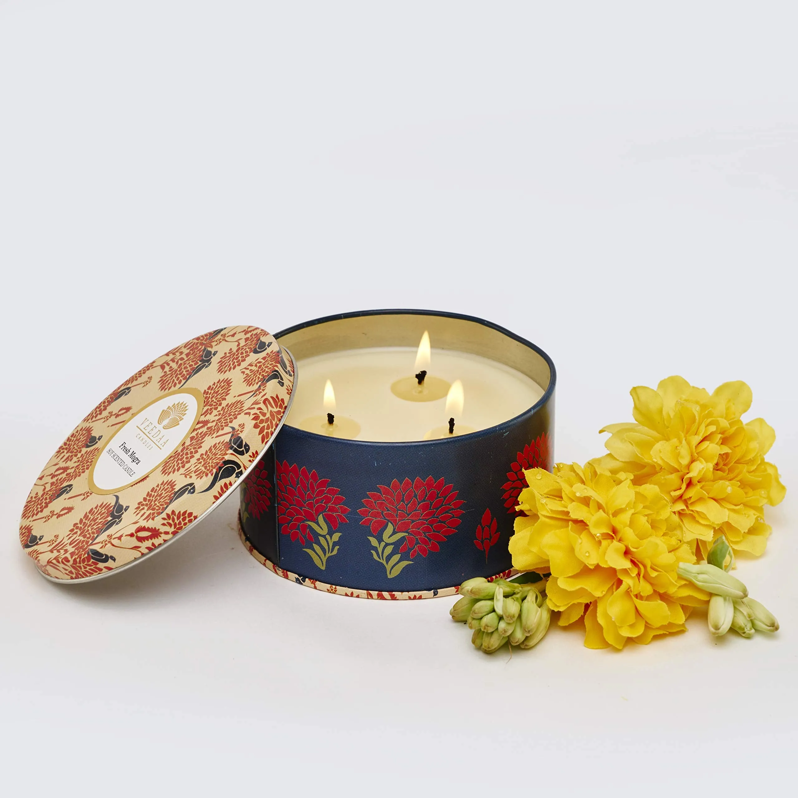 VEEDAA Fresh Mogra 3 Wick Tin Soy Scented Candle (Burns 40 hours)