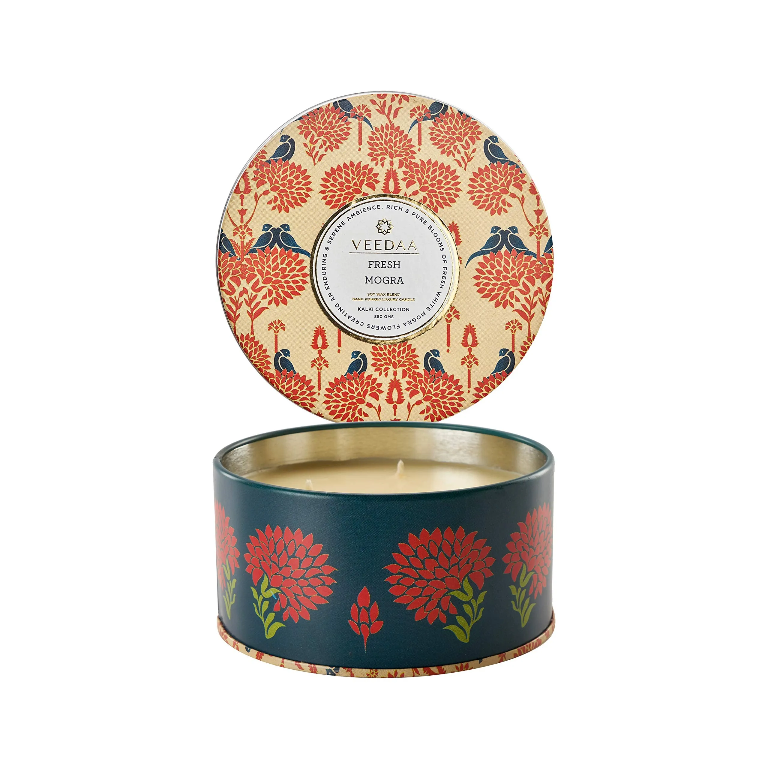 VEEDAA Fresh Mogra 3 Wick Tin Soy Scented Candle (Burns 40 hours)