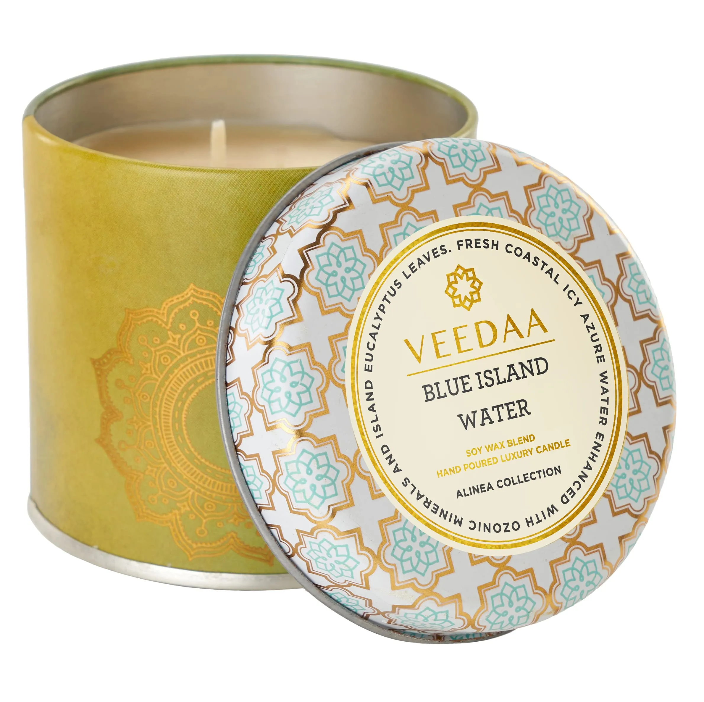 VEEDAA Soy Wax Blend, Essential Oils Blue Island Water Mason Metallic Tin Soy Scented Candle (Burns 25 Hours)