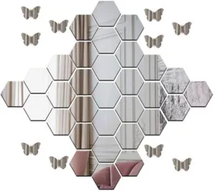 Wall1ders 30 Hexagon Mirror Wall Stickers and 10 Butterflies, Mirror Stickers for Wall, Acrylic Stickers, Wall Mirror Stickers, Wall Stickers for Bedroom, Hall,(Silver)