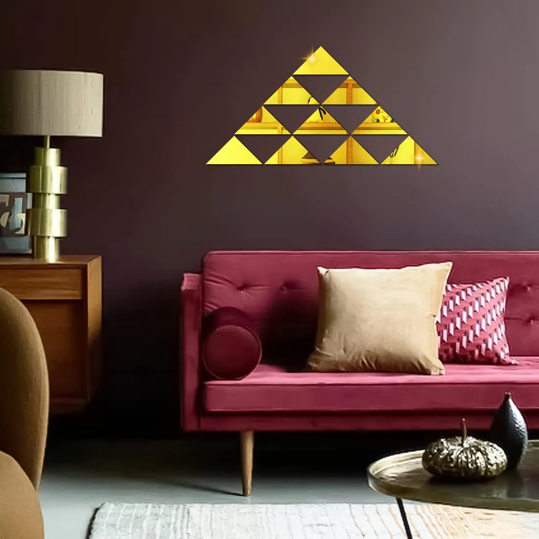 WallWear Mirror Sticker for Home | Mirror Finish Wall Stickers | Pack of 10 (Big Triangle Gold) -Self Adhesive Acrylic Sticker, Mirror Stickers for Home & Festivals Decoration