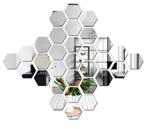 wolkwogg Hexagon 32 Silver Mirror Stickers for Wall, Acrylic Mirror, Wall Mirror Stickers, Acrylic Stickers, Wall Stickers for Hall Room, Bed Room, Kitchen.