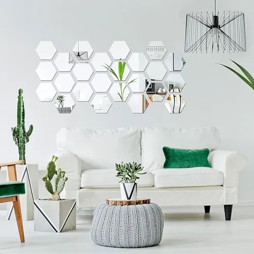 wolkwogg Hexagon 32 Silver Mirror Stickers for Wall, Acrylic Mirror, Wall Mirror Stickers, Acrylic Stickers, Wall Stickers for Hall Room, Bed Room, Kitchen.