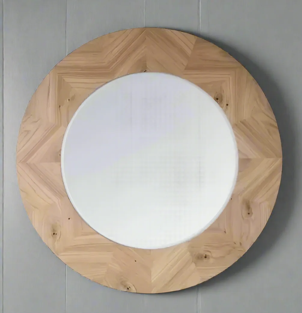 Wooden Parquet Style Circular  Mirror  W: 90 cm