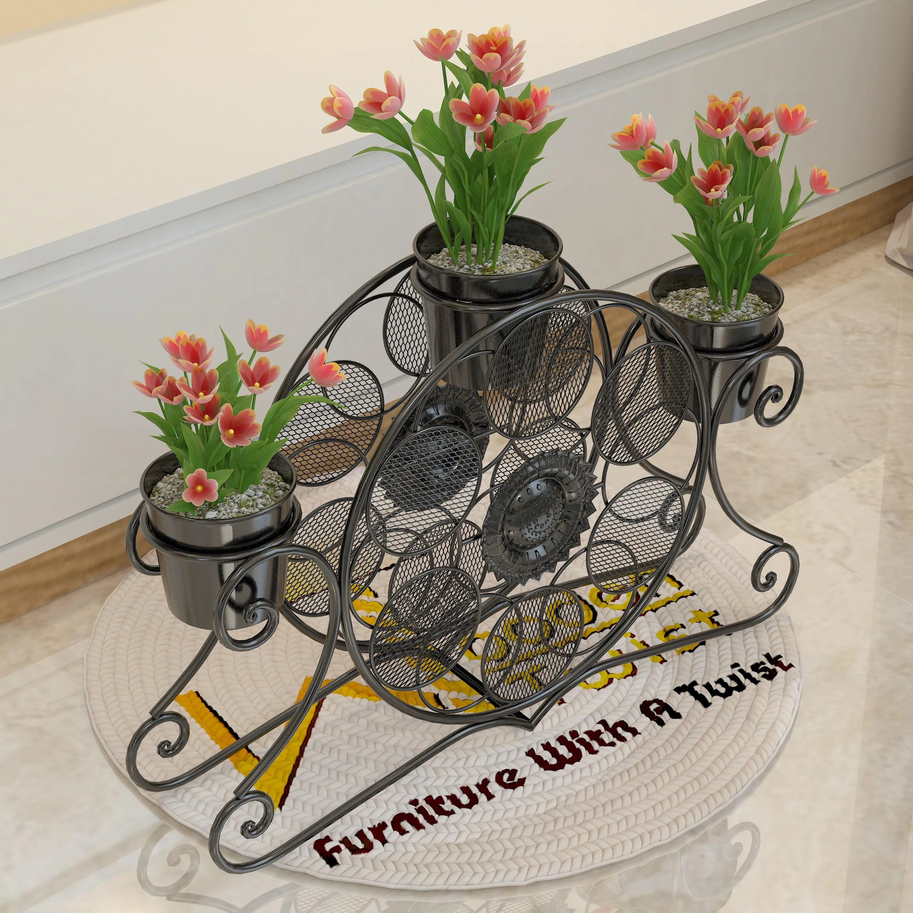 Wooden Twist Stylish loto Wrought Iron Floor Planter Stand with 3 Pots ( Black )